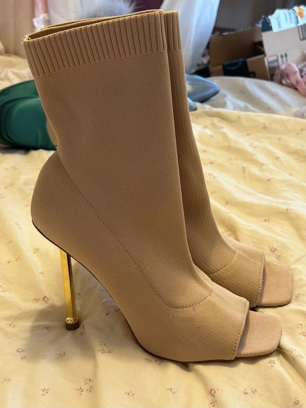 Women’s Nude Stretch Sock Booties with Gold Stiletto Heel